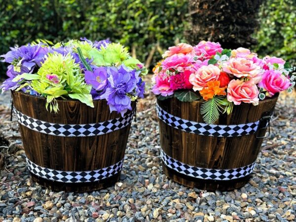 Flower Barrels for Alice in Wonderland themed event